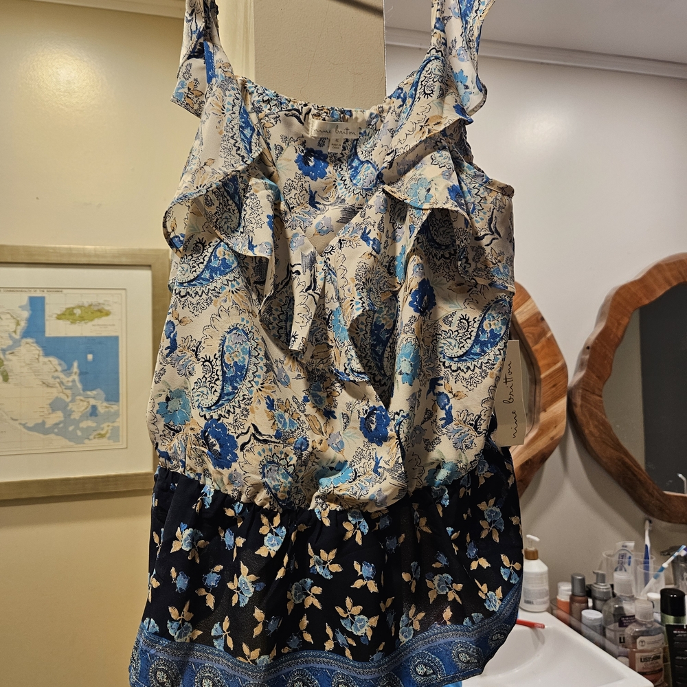 Nine Britton Peplum Floral Blue and Cream Women's Tank Top